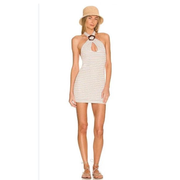 Tasya Striped Halter Mini Dress With Tortoise Ring Detail & Keyhole Neckline L - Picture 1 of 10